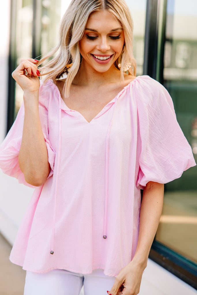 Feminine Pink Bubble Sleeve Blouse ...